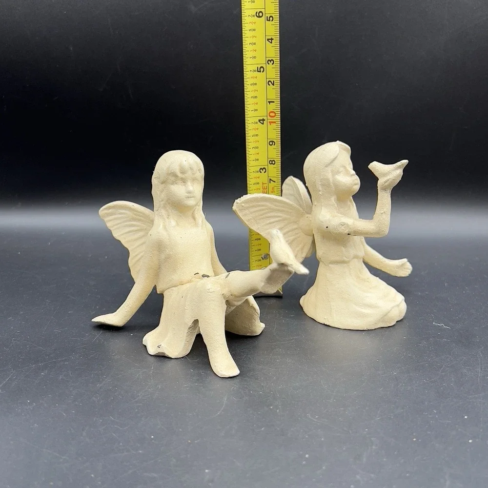 Vintage CAST IRON FAIRY WITH BIRD ON HAND & Playful Garden Fairy Cream Rustic
